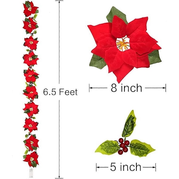 Jule-Poinsettia Garland, 1 stk. 2 m 10 LED Garland Lysstreng Røde Poinsettia Krans, Kunstig Garland Dekoration