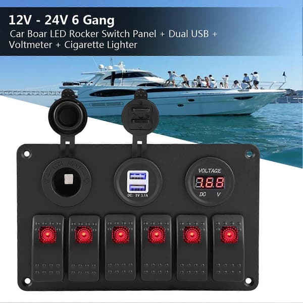 12V 24V 6-vägs Bilbåt Marin LED-Vippbrytarepanel Dubbel USB Voltmeter Cigarettändare Röd