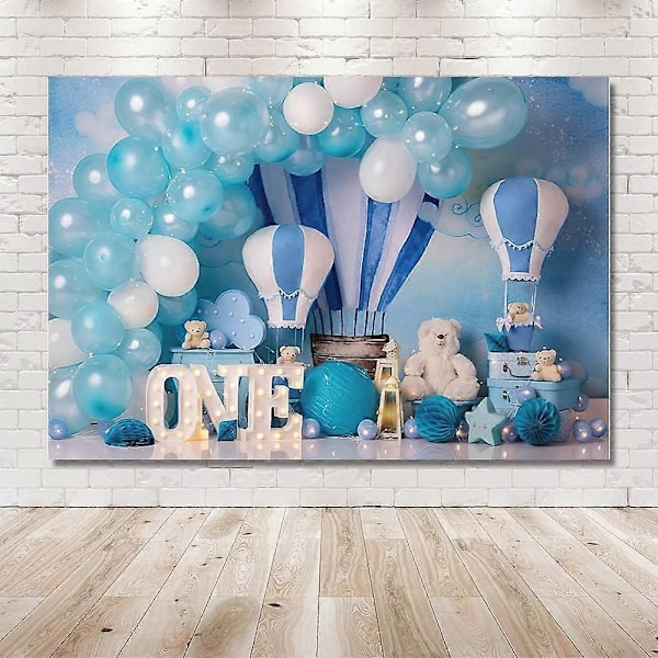7x5ft Blå Dreng 1. Fødselsdag Fotobaggrund Varmeluftballoner Bjørn Baby Eventyr Baggrund Børnefest Dekoration Banner Nyfødt