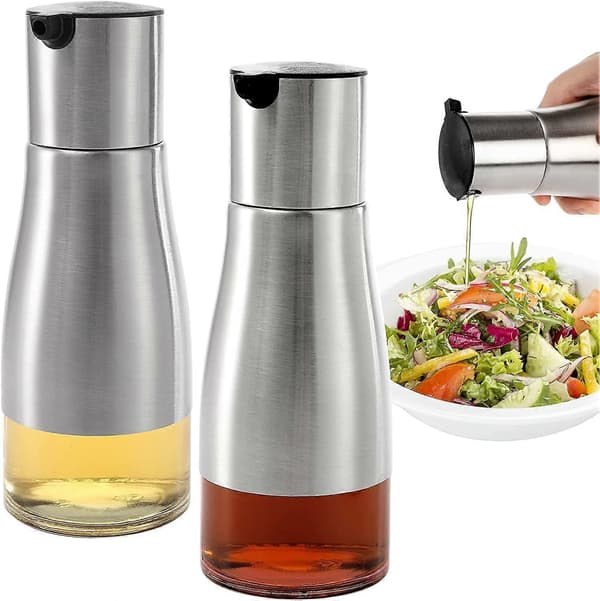 2-pak 300 ml Sølv Olivenolie- og Eddikedispenser Sæt, Oliedispenser Karaffel med Nem og Drypfri Hældning