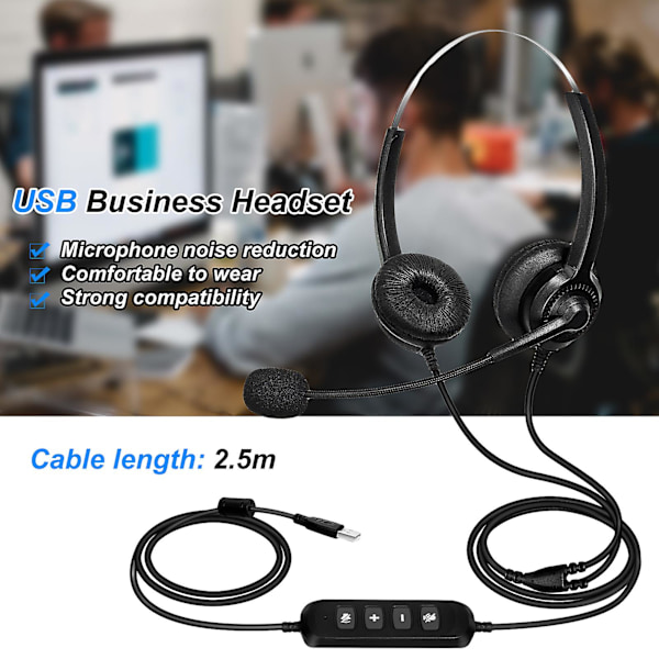 300D Puhelin Headset - Häviötön Melunvaimennus, Hengittävä, USB, Binauralinen Mikrofoni, Pitkä Kaapeli, Puhelunkeskuskuksen Kuulokkeet Kuorma-autonkuljettajille ja Toimistoille