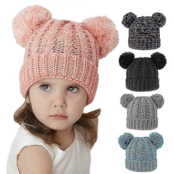 Vinter Barnmössa Baby Barn Flickor Varm Stickad Mössa Pälsbollar Pompom Söt Beanieluva För Flickor