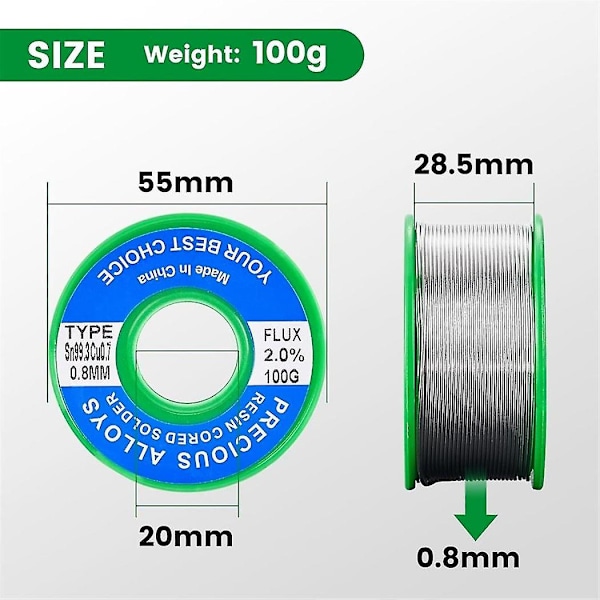Blyfri harts kärna lödtråd för elektrisk lödning, innehåll 2,0% lödflöde Sn99,3-cu0,7 (0,8 mm, 100 g)