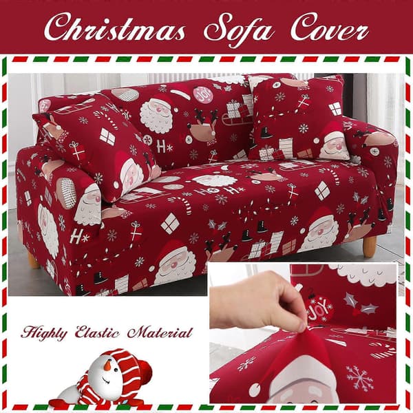 Julesofatrekk myk polyester juletreprint sofatrekk med elastisk bunn (2-seter, rød)