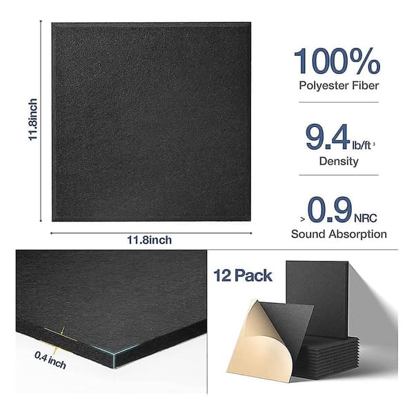 Selvklæbende akustiske paneler 12 stk., 12 x 12 x 0,4 tommer lydisolerende polstring, lydabsorberende panel til hjemmet, sort