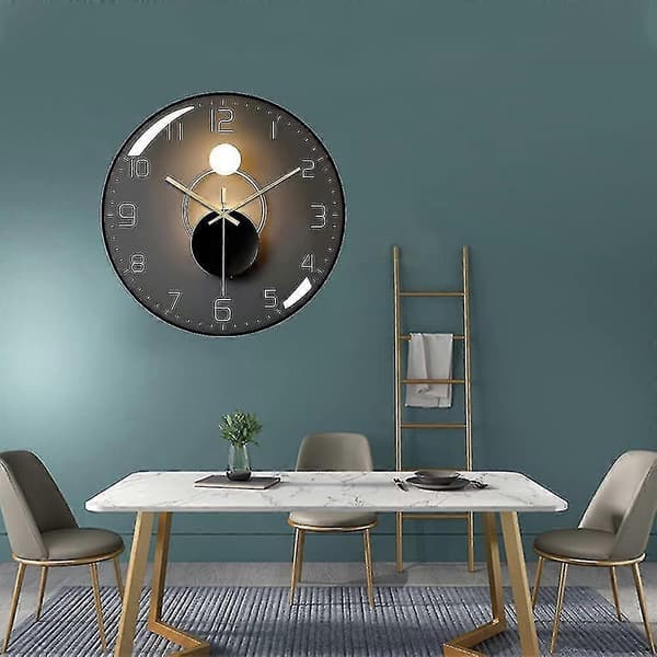 Modern Tyst Väggklocka - 30cm Diameter Quartz Rund Klocka Med Väggpendel (svart)