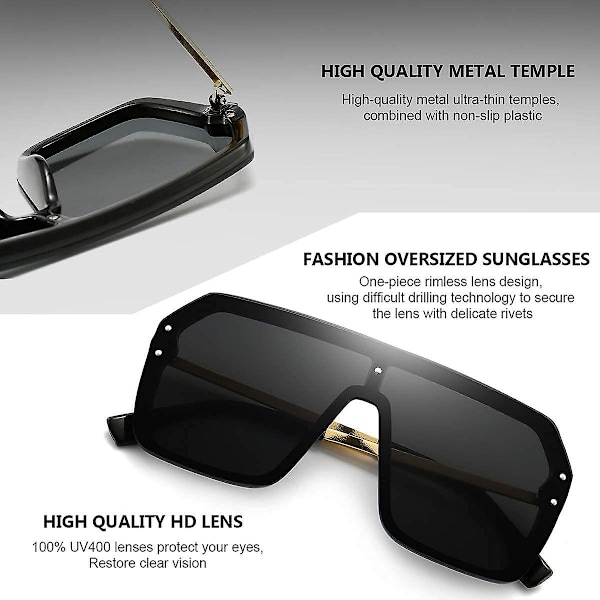 Oversized solbriller for kvinner, trendy, rammeløse solbriller i ett stykke med flat topp, store shades