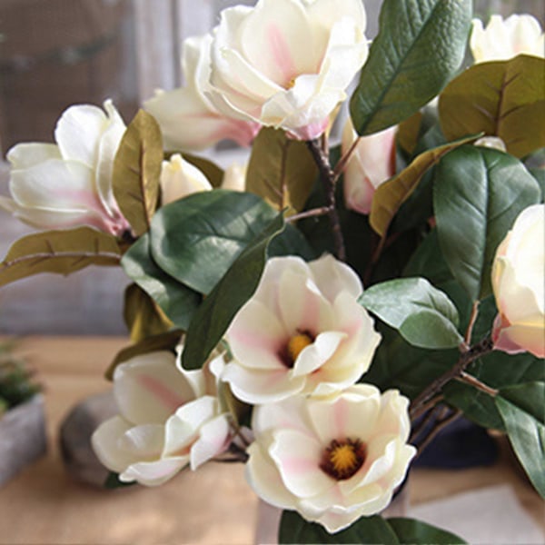 Kunstige Magnolia Blomster Hvid Lilla 3-Hoved Magnolia Stilk Blomsterbuket til Bryllup Fest Hjem Dekoration