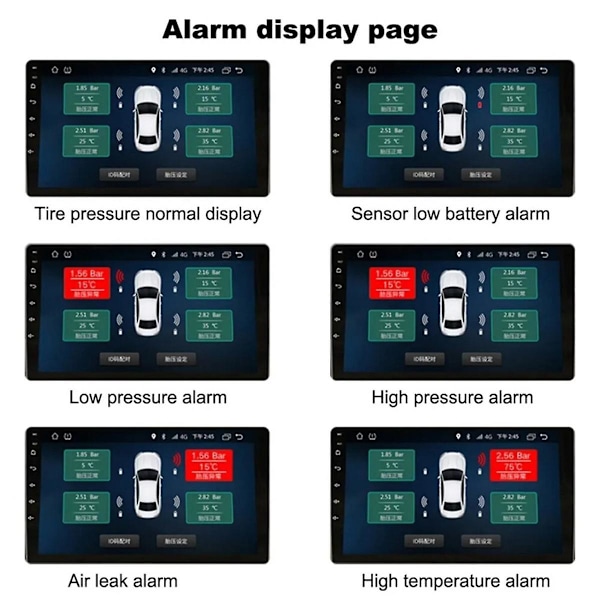 Android TPMS med 4 sensorer alarmsystem USB Android bil TPMS trådløs overføring dekkovervåking