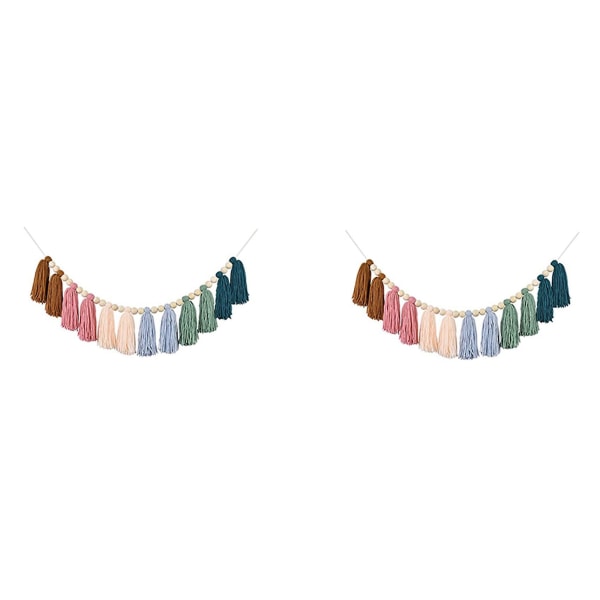 2x Boho Tassel Garland With Wood Bead Earth Toned Rainbow Garland For Classroom Nursery Party Kids