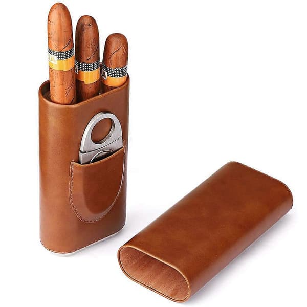 3-fingers cigarrfodral i läder, cigarrhumidor med cederfoder och cigarrsax i silverfärgat rostfritt stål