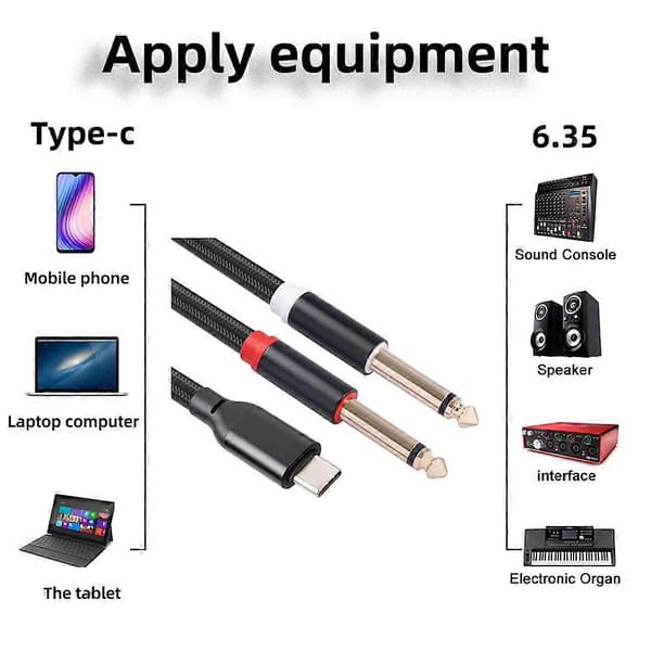 USB C til Dobbelt 6,35 mm Stereo Y Splitter Kabel, TRS Lydkabel til Smartphone, Tablet, Laptop, Forstærker