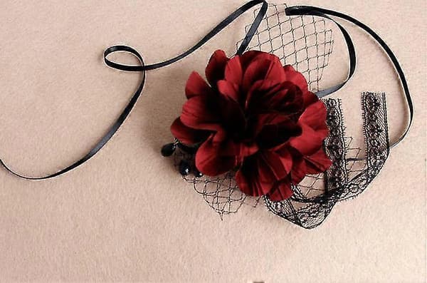 Maskerade Mesh Slør Hårbøjle Med Bourgogne Blomst Sort Blonde
