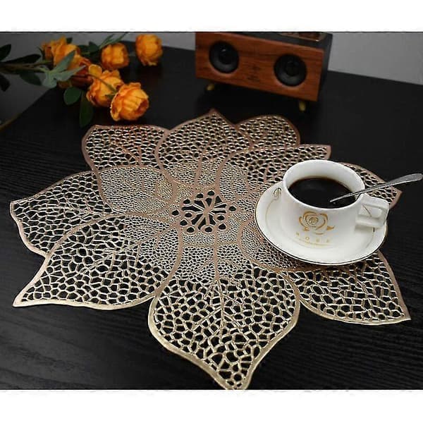 Set med 6 tvättbara bordstabletter, isolerade, blommig stil, PVC, guld, 44*46cm