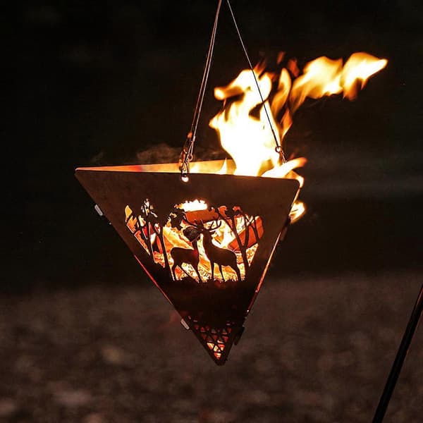 1 Set Triangel Hängande Ugn Lägereld Lägereldsplats Camping Vedspis Ställ Ram Eldgaller Rostfritt Stål Mesh Eldstad för Utomhusbruk