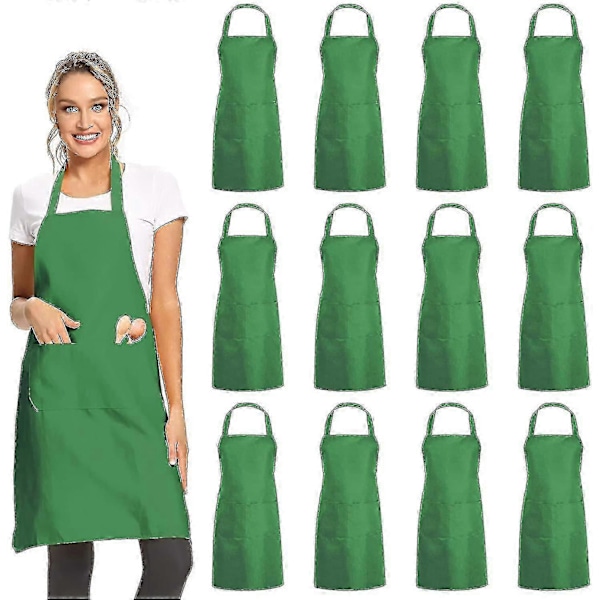 12-pack Enfärgade Haklappar med 2 Fickor - Grön Unisex Förkläde i Bulk för Kök Matlagning Restaurang Grillning Målning Hantverk