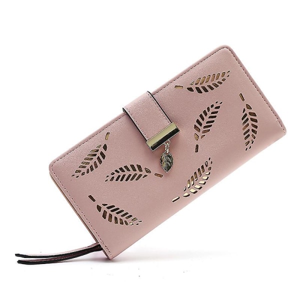 Naisten vaaleanpunainen käsilaukku, ontto lehtikuvioinen kaksitaitettu pitkä lompakko, pitkä vetoketju, casual kolikkokorttikotelo, 1 kpl