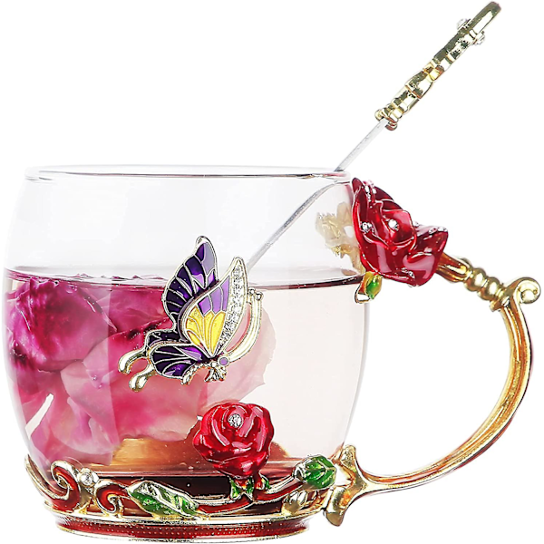 Blommig tekopp - Kaffemuggar i glas - Presenter till mamma, fru från son, dotter eller make - Bröllopsdag, födelsedag, julklapp till mormor, kvinna