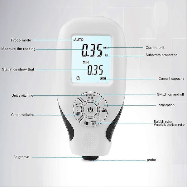 Skikttjockleksmätare, färgdjupsmätare med LCD-display, automatisk kalibrering, (Vit)
