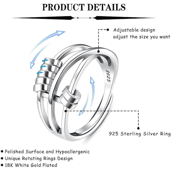 925 Sterling Silver Ring för Kvinnor Män Fidget Fredsringar för Stresslindring