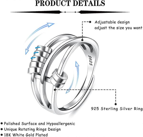 925 Sterling Sølv Ring for Kvinner Menn Fidget Fredsringer for Stresslindring