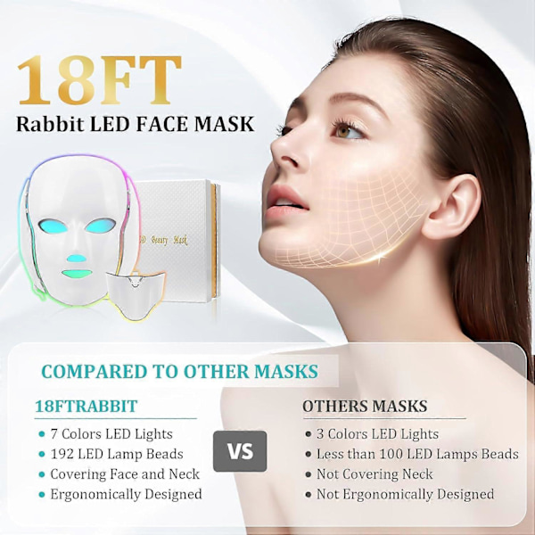 LED Ansiktsmask, 7 Färgade LED Ansiktsmask Ljus Terapi, Hudvårdsmask för Ansikte och Hals, både för skönhetssalonger och hemmabruk
