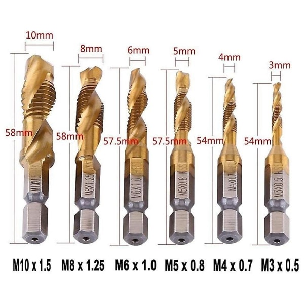 Bor- og Gevindtap Bit, 6-pak Kombi Bor- og Gevindtap Bit Sæt Skrue Tapping Sae 6-32nc 8-32nc 10-24nc 10-32nc