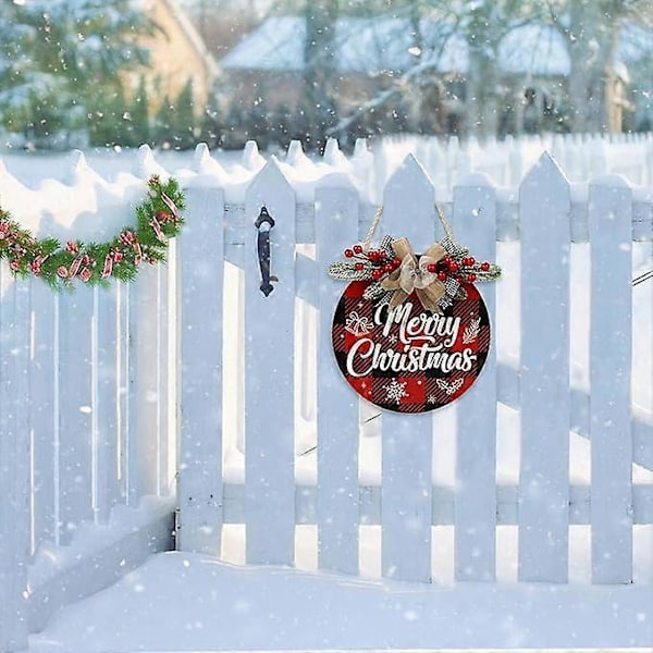 Merry Christmas Dekorationer Hængende Merry Christmas Vægdekorationer Rustik Stil Træ Plaid Krans Juledekorationer