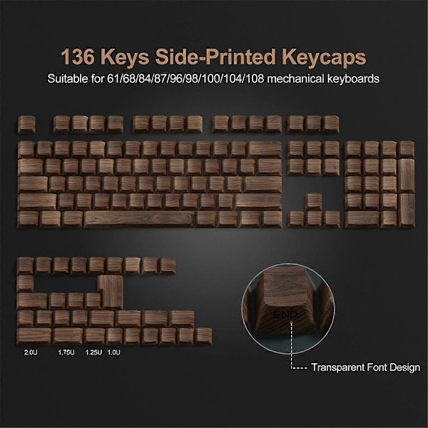 136 Taster Valnøddetræskorn Keycaps Sideprint PBT Keycaps Bagbelyst Cherry Profil til MX Switch Mecha