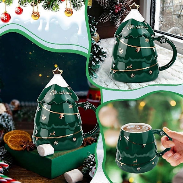 Julekaffekopp Julekeramikkkopp med Lokk og Rørestav 400ML Juletreform Kaffekopper Søte Julekopper for Festivaler