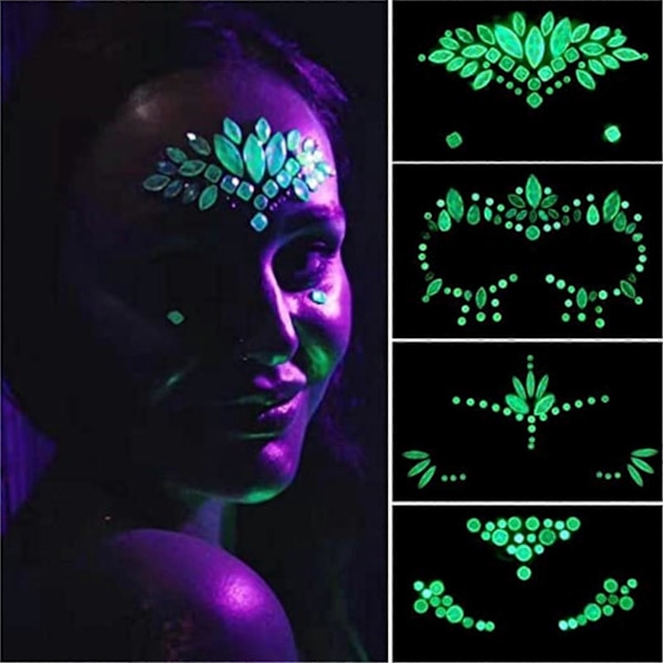 4-pakning Selvlysende Ansikts-Edelstener Klistremerker Selvlysende i Mørket Tatoveringsklistremerker Fargerike Selvklebende Glitter Resin Juvel Øye Panne
