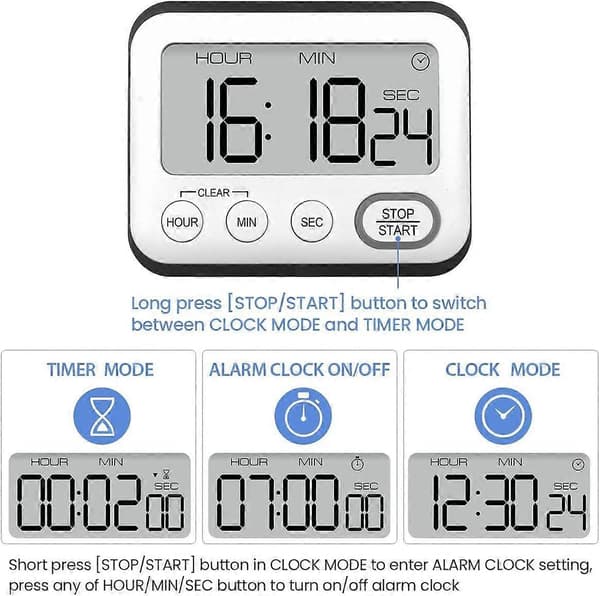 Kökstimer Alarmklocka Multifunktionell Digital Matlagningstimer med Stor LCD-Display Magnetisk Stoppur Timer med Klocka Alarmklocka Magnet