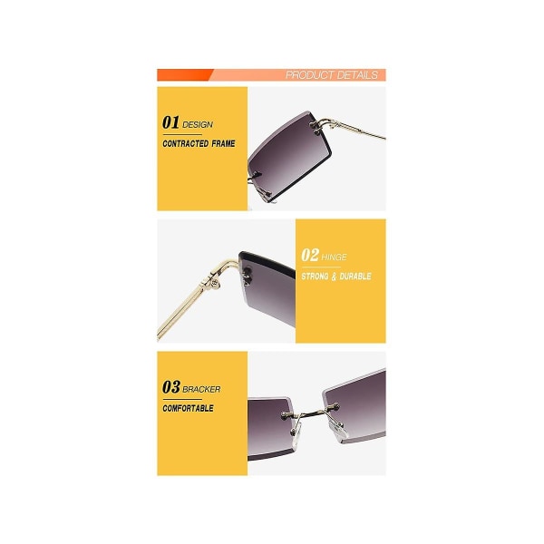 3 par rektangulære solbriller uten innfatning Farget mote retro transparente firkantede briller Unisex Su