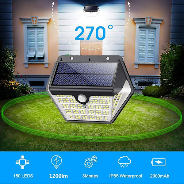 Ulkokäyttöön tarkoitettu aurinkolamppu 150 LED 4 kpl 2000mAh 1200LM langaton seinävalaisin