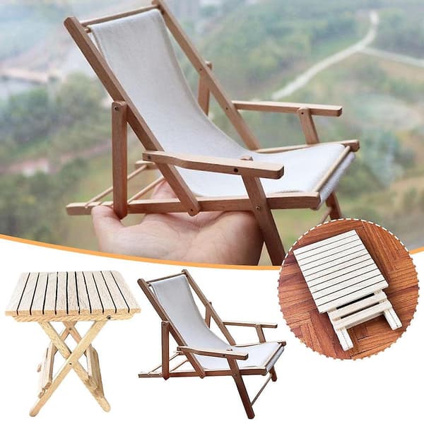 1:12 Dukkehus Sammenleggbar Strandstol i Tre, Liggestol, Soling