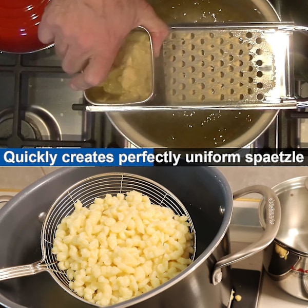 Premium Grade Rustfritt Stål Spaetzle Maker Med Komfortabelt Håndtak, Rustfritt Stål Edderkopp Sil Skimmer Skje Pasta Sil