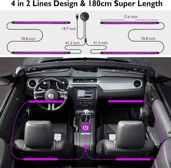 Bil LED interiörbelysning 4st 72 LED stämningsbelysning Bil ljusramp USB-port interiörbelysning Auto