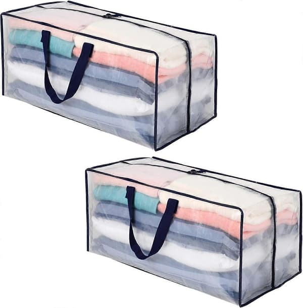 2-pack Kraftiga Flyttväskor med Ryggsäcksremmar, Starka Handtag & Dragkedjor, Klädförvaring, Packning, Återanvändbara (Transparent, 2-pack)