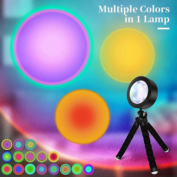 Sunset Lampe Projektor, Flere Farver USB Sunrise Lys, 16 Farver 4 Tilstande Justerbar RGB Sunset Lys til Soveværelse Indretning Feststemning Fotografering