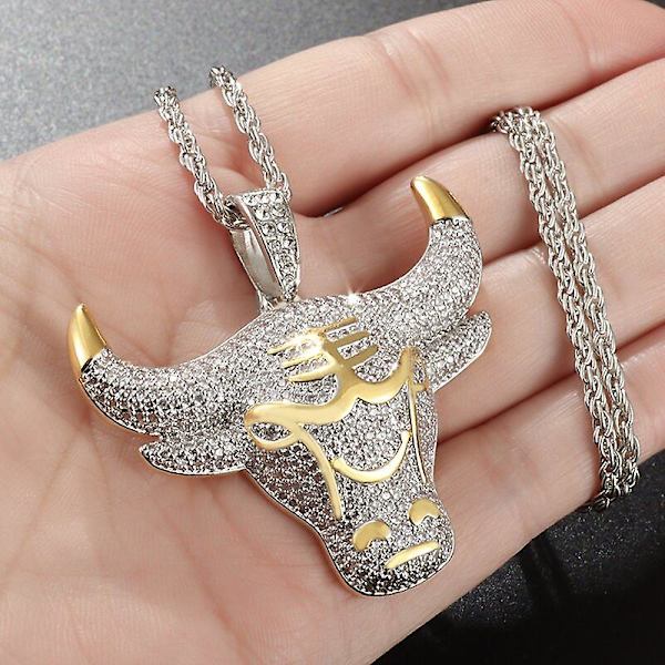 Mode Man Hip Hop Full Rhinestone Oxhuvud Hänge Halsband Glittrande Is Ut Guld Färg Halsband