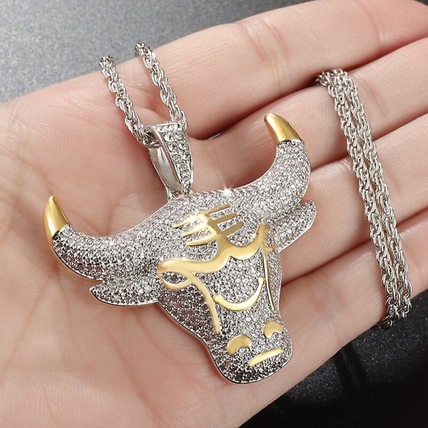 Mode Mænd Hip Hop Fuld Rhinestone Tyrens Hoved Vedhæng Halskæden Glitrende Is Ud Guld Farve Halskæde