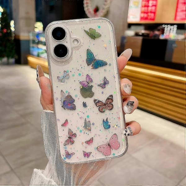 Til iPhone 16 Deksel Anti-fall TPU Telefon Bakdeksel Epoxy Glitter Sommerfugl -
