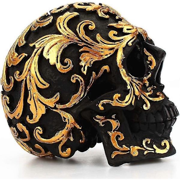 Kraniefigur Resin Dekorativ Halloween Skulptur Statue Hjem Halloween Ornament (sort og guld) (1 stk)