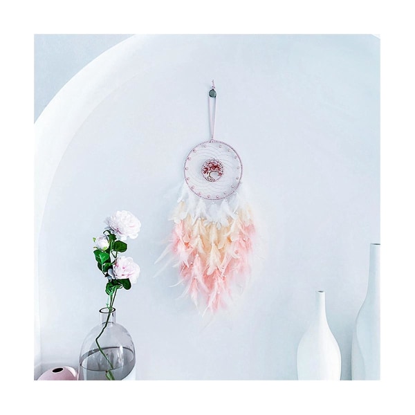 Drömfångare Hängande prydnad Dekor Handgjorda LED-lampor Rosa fjäderläkande kristaller Drömfångare