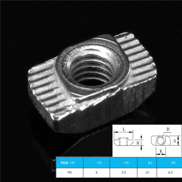 200 st M5 Hammarmutter Kolstål Aluminium Koppling T Fäste Glidmutter