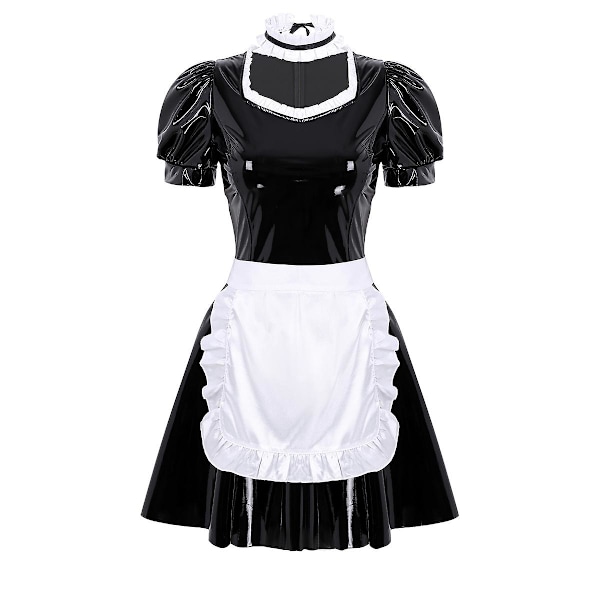 Kvinders Fransk Pige Fancy Cosplay Kostume Rollespil Spil Klæd Dig Ud Tøj Outfit Laklæder Kjole Med Forklæde Og Halskæde
