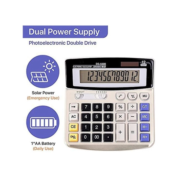 -5500 Display Kalkulator, 12 Siffer Skrivebord Kontor Addisjonsmaskin Regnskapskalkulatorer, Solenergi Og Batteri