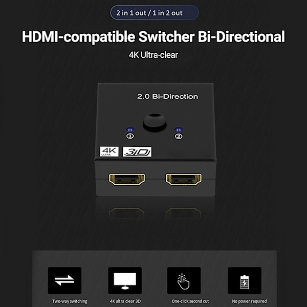 HDMI-kompatibel omkopplare Bi-Directional High Resolution 4K@60hz HDMI-kompatibel 1X2/2X1 Switch Splitter för PS4 TV Box