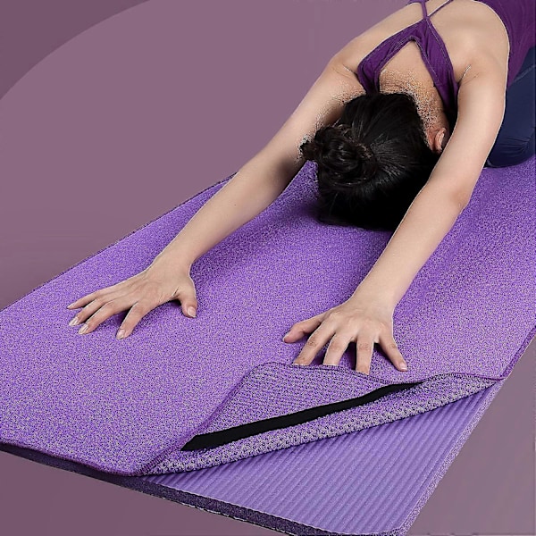 Mikrokuituinen Hot Yoga -pyyhematto liukumattomalla silikonipinnalla ja joustavilla kiinnitysnauhoilla, 61 x 183 cm (Violetti)