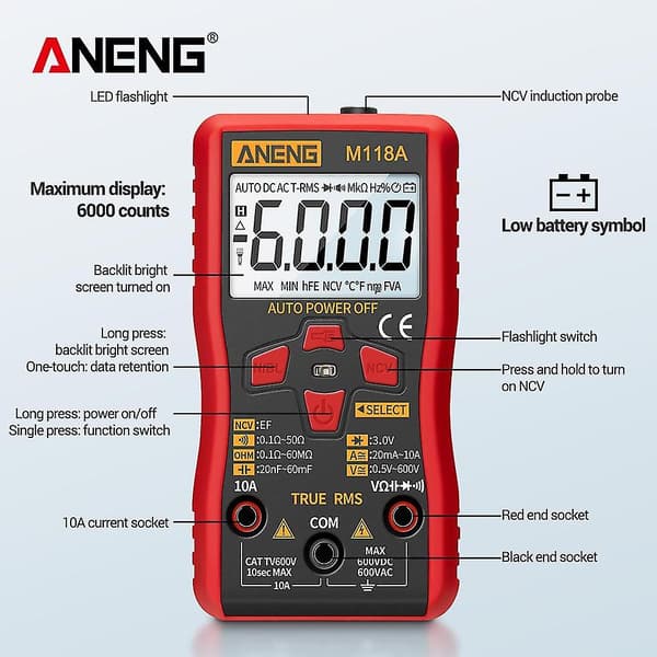 M118a Mini Digital Multimeter Tålig Automatisk True Tester 6000 Räknare Auto-intervall Ac/dc Transis